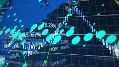 animación del procesamiento de datos estadísticos y del mercado de valores sobre el mapa del mundo sobre fondo azul