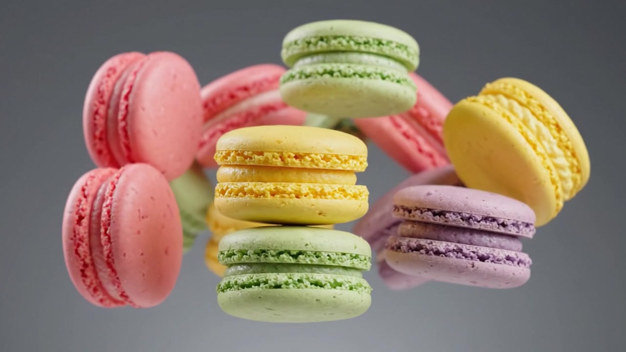 An Aesthetic Arrangement of Colorful Macarons Floating in Air: A Visual Celebration of French Pastry Art Captured in Stunning Detail