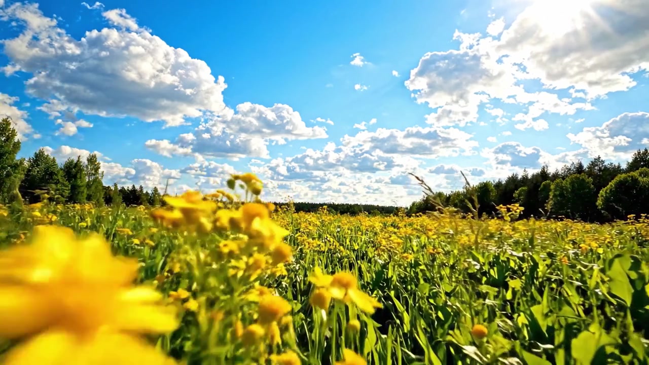 A breathtaking scene of a vibrant field of yellow flowers under a vast blue sky dotted with fluffy clouds, capturing the essence of nature's beauty and tranquility.