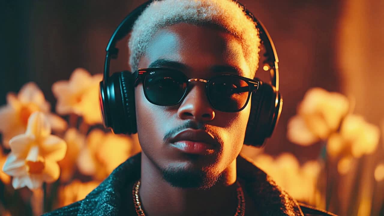 hombre elegante con auriculares y gafas de sol