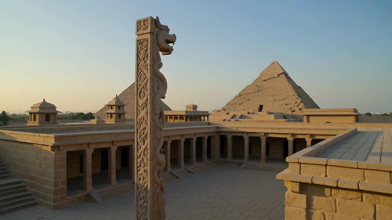 Panoramica della telecamera che rivela un alto pilastro intagliato in un antico cortile, per mostrare una piramide a gradoni sullo sfondo