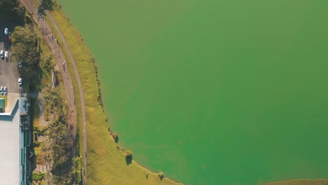 aerial top down view of bike lanes at a beautiful park with green lake, parque barigui, curitiba, paraná, brazil