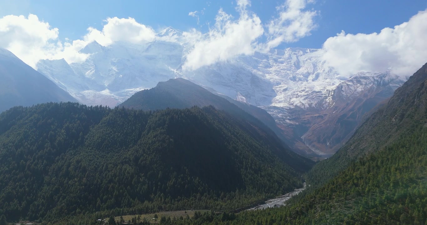 Annapurna Circuit, Manang, Nepal, luftfoto fra drone af Annapurna Circuit-trekkingruten, der viser en tæt fyrreskovsdal, som strækker sig mod den sneklædte Annapurna II-bjergtop