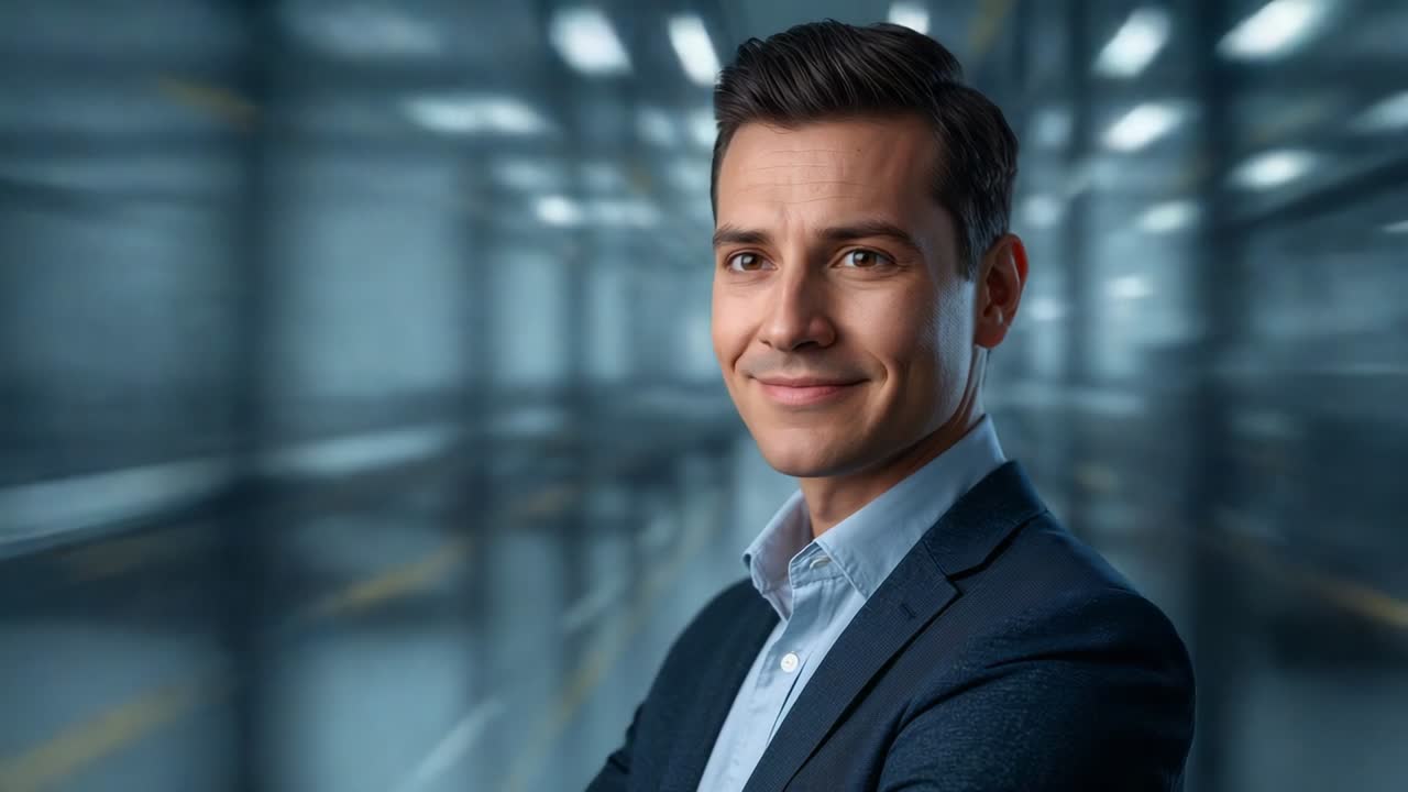 Reagerer på pandemand i blazer med krydsede arme, smilende og blinkende, der virker sikker i en glashal med kopiområde