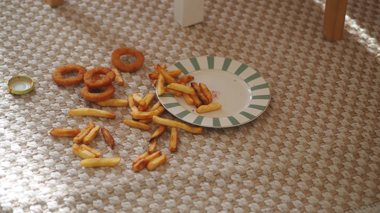 Batatas fritas e anéis de cebola derramados em um piso acarpetado
