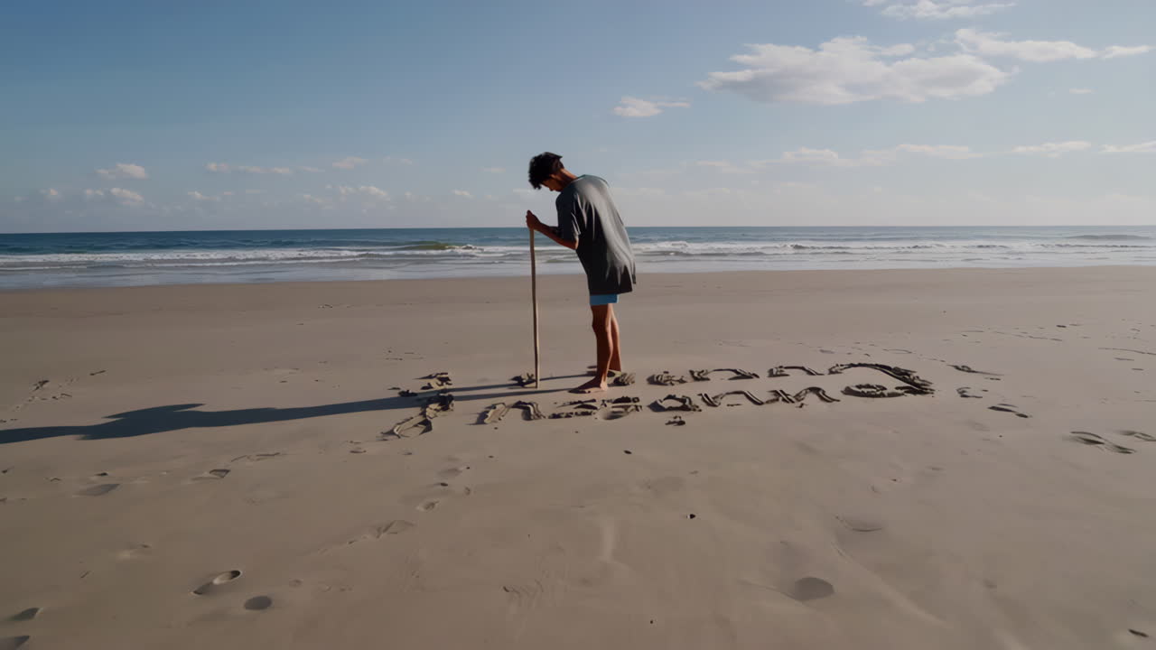 Person writing in the sand on the beach