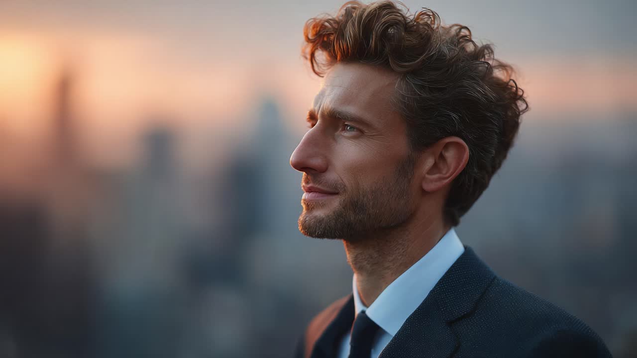 A Thoughtful Portrait of a Man in a Suit, Contemplating Life Against a Dusk Cityscape, Exuding Confidence and Style with a Gentle Smile