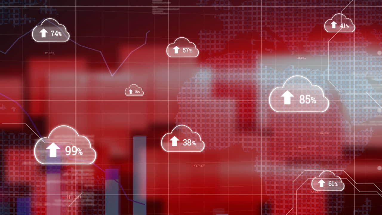 animación de nubes con flechas y procesamiento de datos sobre fondo oscuro