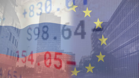 animation of flags of eu and russia over stock market and cityscape