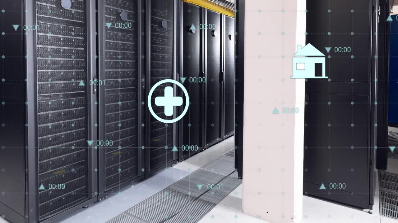 디지털 아이콘의 애니메이션 및 컴퓨터 서버 에 대한 그리드 네트워크를 통해 데이터 처리