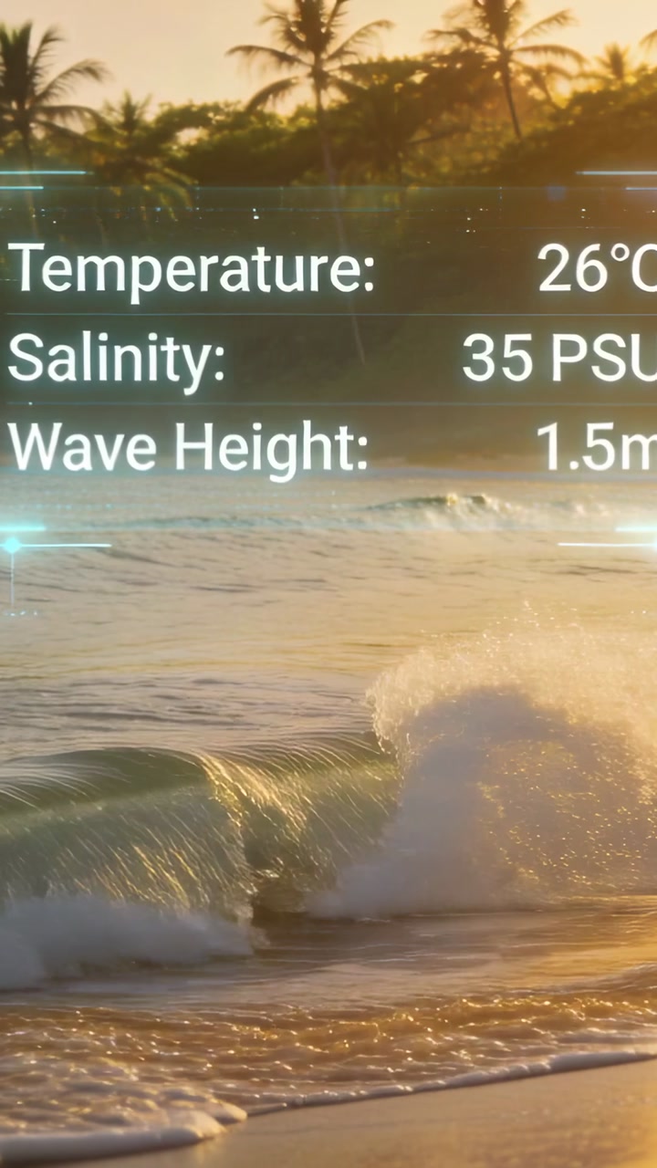 Vertical video: Filming breaking waves surging on shore at sunset, HUD updating 26C,35PSU,1