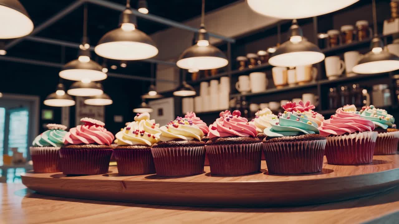 카페 에서 전시 된 다채로운 컵케이크