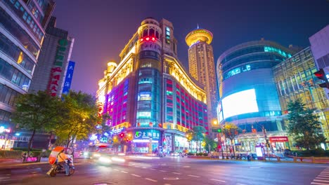 night illumination shanghai city center traffic street crossroad panorama 4k time lapse china