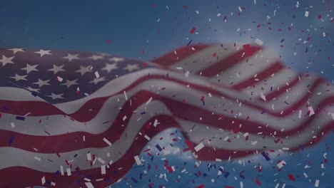 animation of waving american flag over falling confetti