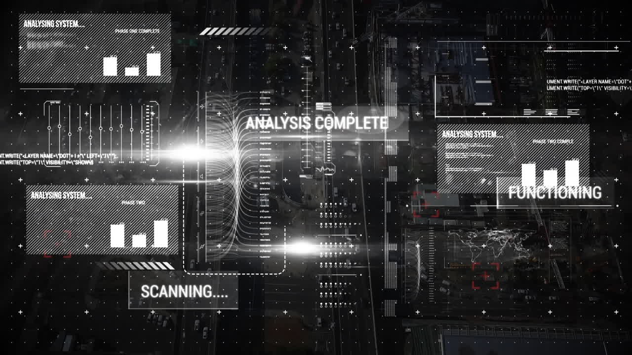 Animation of statistics and data processing over cityscape