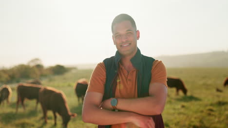 Portrait,-farm-and-cattle-farmer-man-alone-working