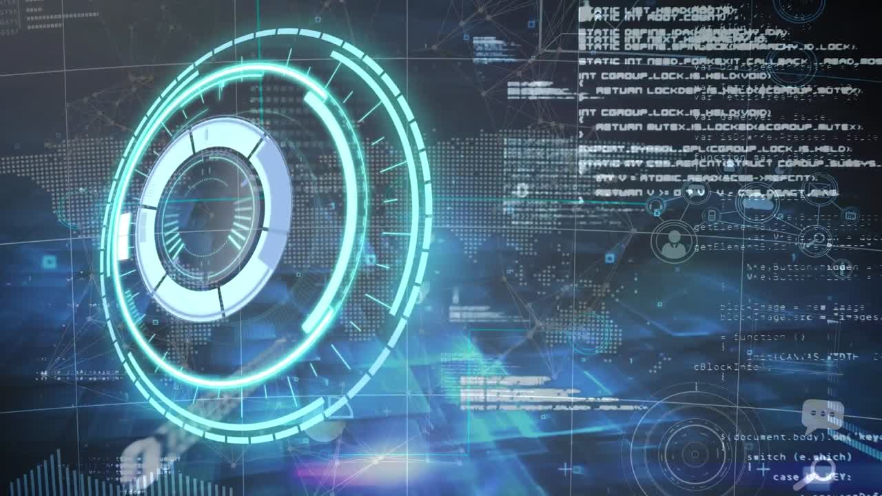 네온 둥근 스캐너의 애니메이션과 파란색 배경의 세계 지도에 대한 데이터 처리