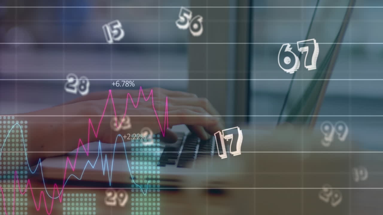 Animation of financial data processing and numbers over woman using laptop