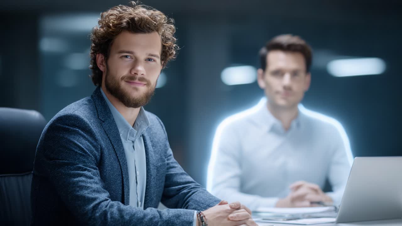 Professional Discussion: Two Men Engaged in a Serious Conversation with Focused Expressions in an Office Environment Captured in a Dynamic Video Frame Sequence