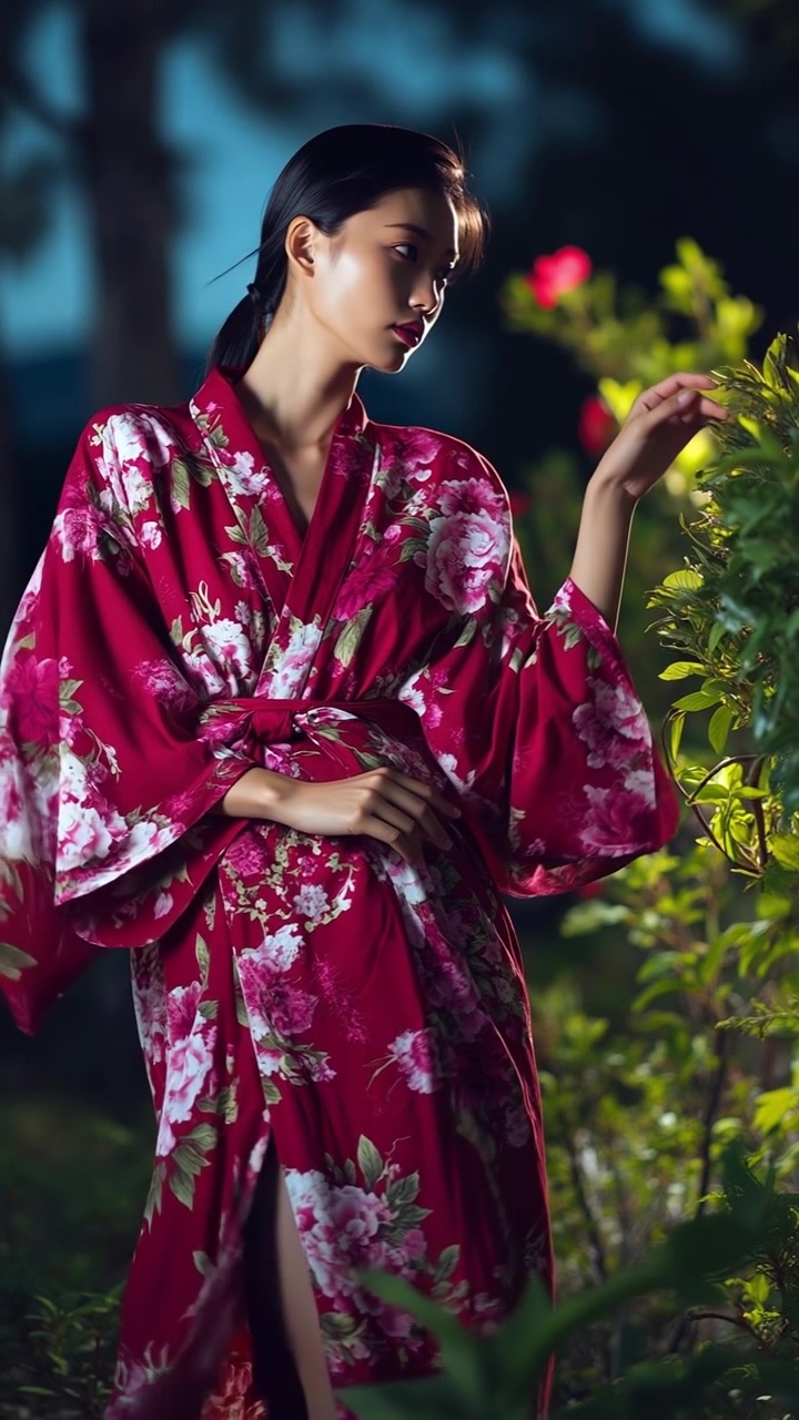 Elegante giovane donna in vestaglia floreale rossa in piedi tra il verde del giardino di notte