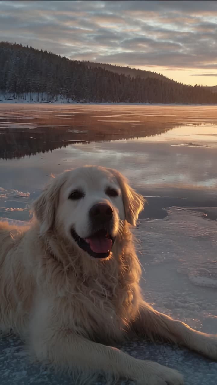 Un Golden Retriever si gode un tranquillo tramonto in riva al lago ghiacciato, catturando la bellezza dell'inverno e la serenità della natura in due splendide immagini
