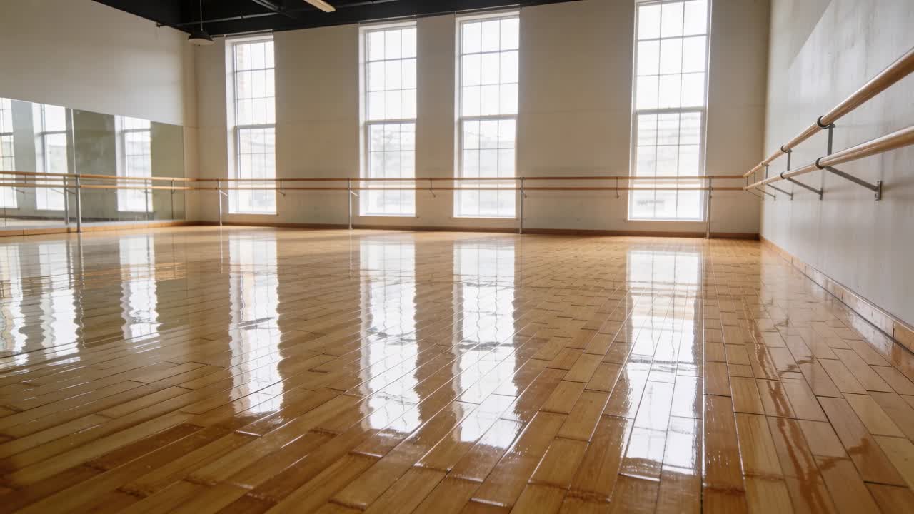 Video verticale: telecamera che panoramica, iniziando a spostarsi e inclinarsi in uno studio di danza, mostrando pavimento, finestre e sbarra.