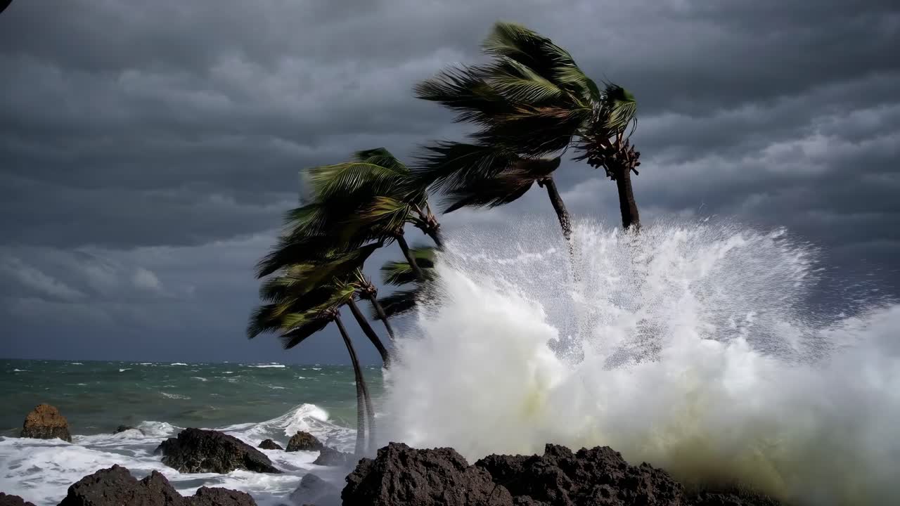 Dramatic video scene of palm trees bending in strong winds, captured from a low angle