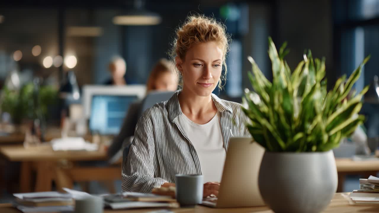 Professionista concentrato al lavoro in uno spazio ufficio luminoso: impegnato in attività con un laptop circondato da vegetazione e un'atmosfera vivace