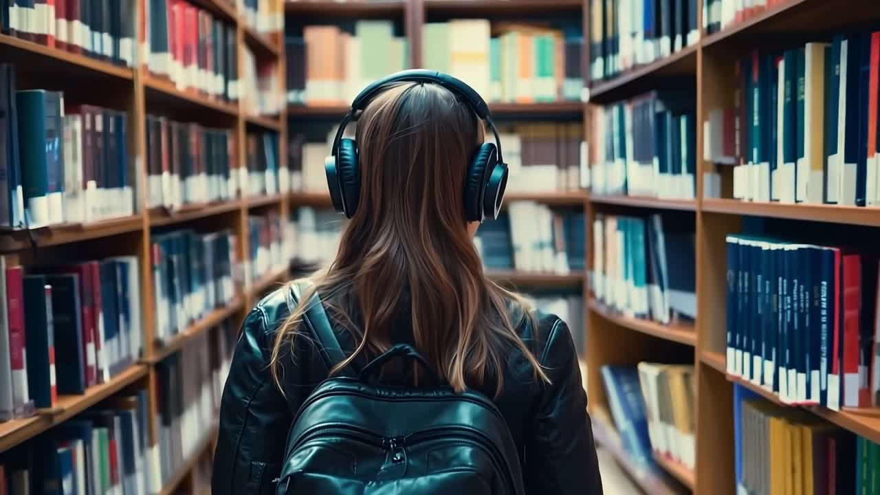 Una donna con le cuffie in una biblioteca