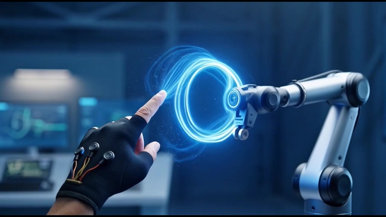 Futuristic Hand in Smart Glove Interacting with Robotic Arm