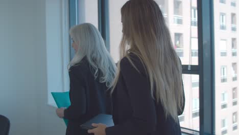 female business colleagues talking while walking