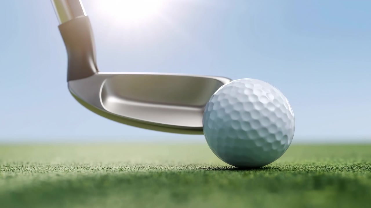 Vista ravvicinata di un putter che si muove dietro una pallina da golf su un green da putting ben curato sotto il sole splendente di mezzogiorno, con una texture dell'erba nitida, una composizione sportiva pulita, ombra morbida e un'anticipazione concentrata prima del colpo