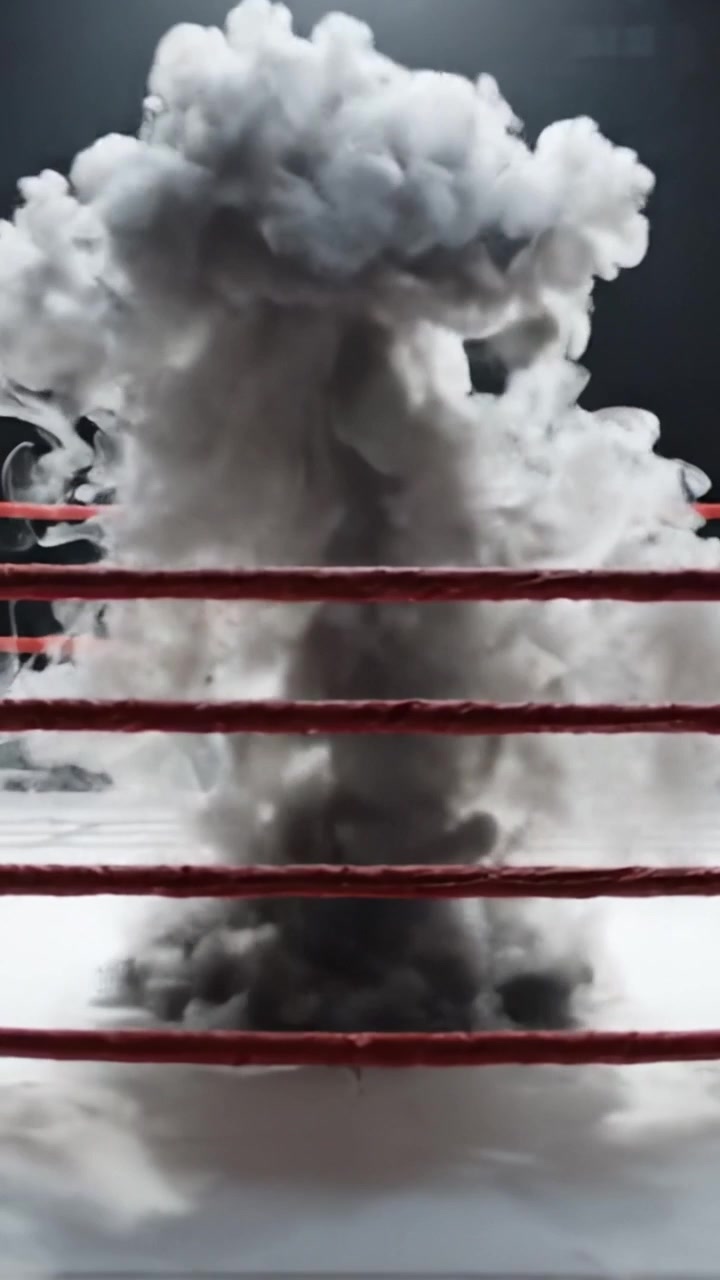 Una spettacolare scena di boxe con un ring vuoto e una nebbia inquietante, che evidenzia l'attesa del match e l'atmosfera di competizione