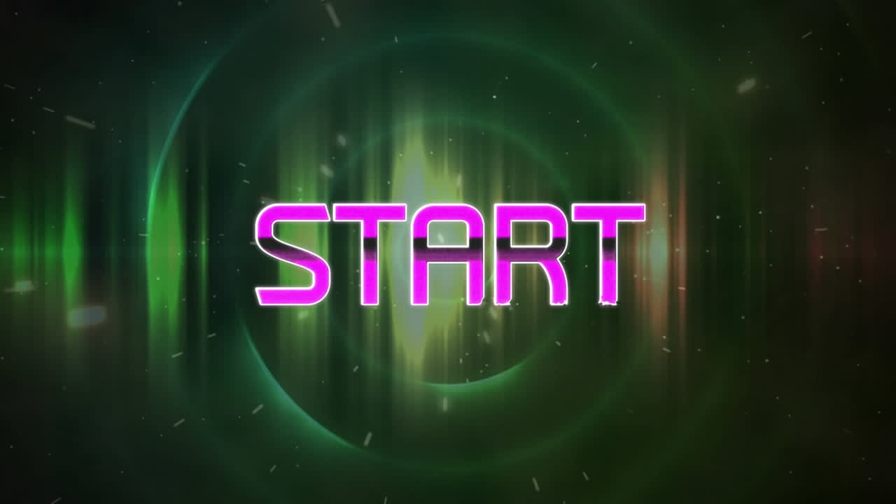 animación del efecto glitch sobre el banner de texto de inicio contra los senderos de luz verde que giran.