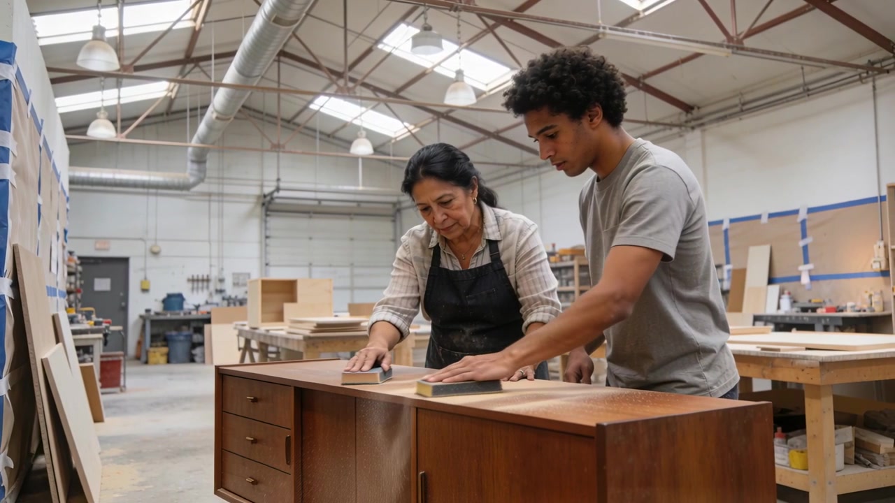 Demonstrating, apron instructor guiding trainee sanding dresser in shop with blocks to prep finish