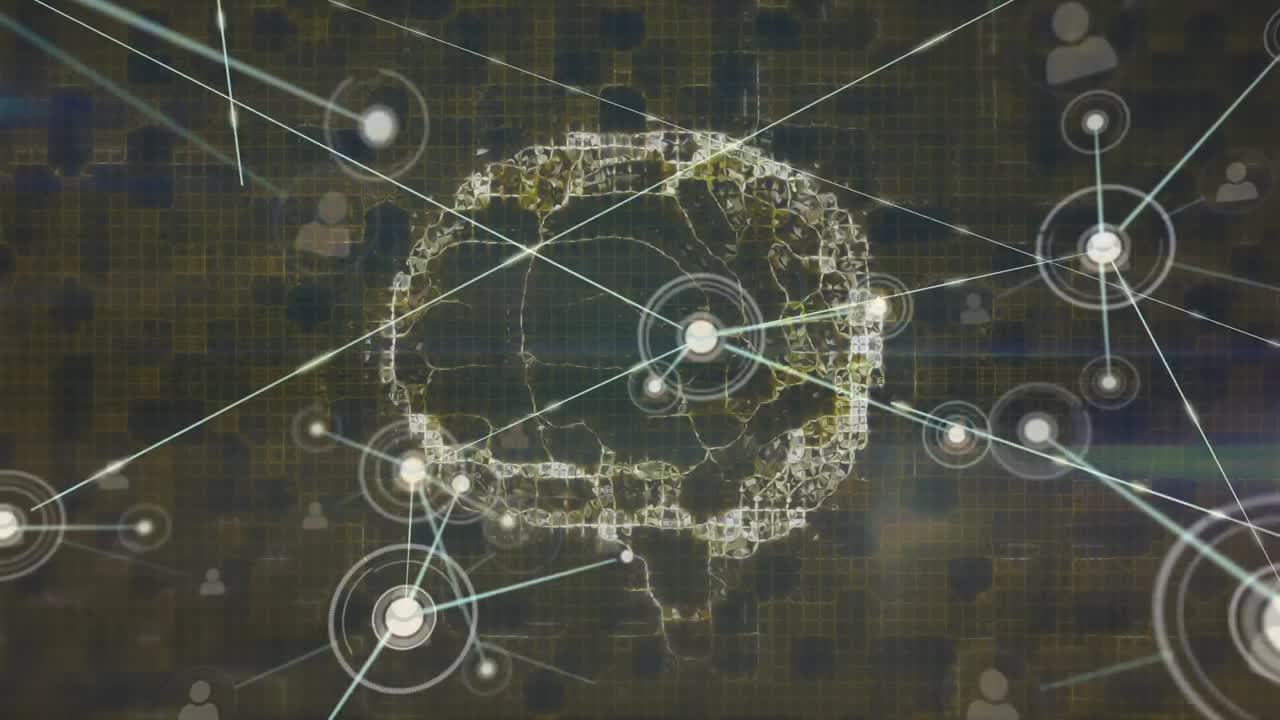 анимация сети соединений над вращающейся иконой человеческого мозга на зеленом текстурированном фоне.