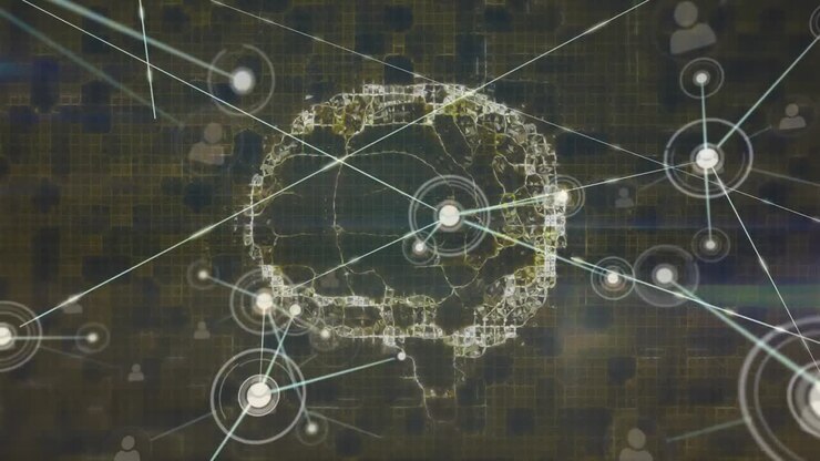 Animation of network of connections over spinning human brain icon against green textured background