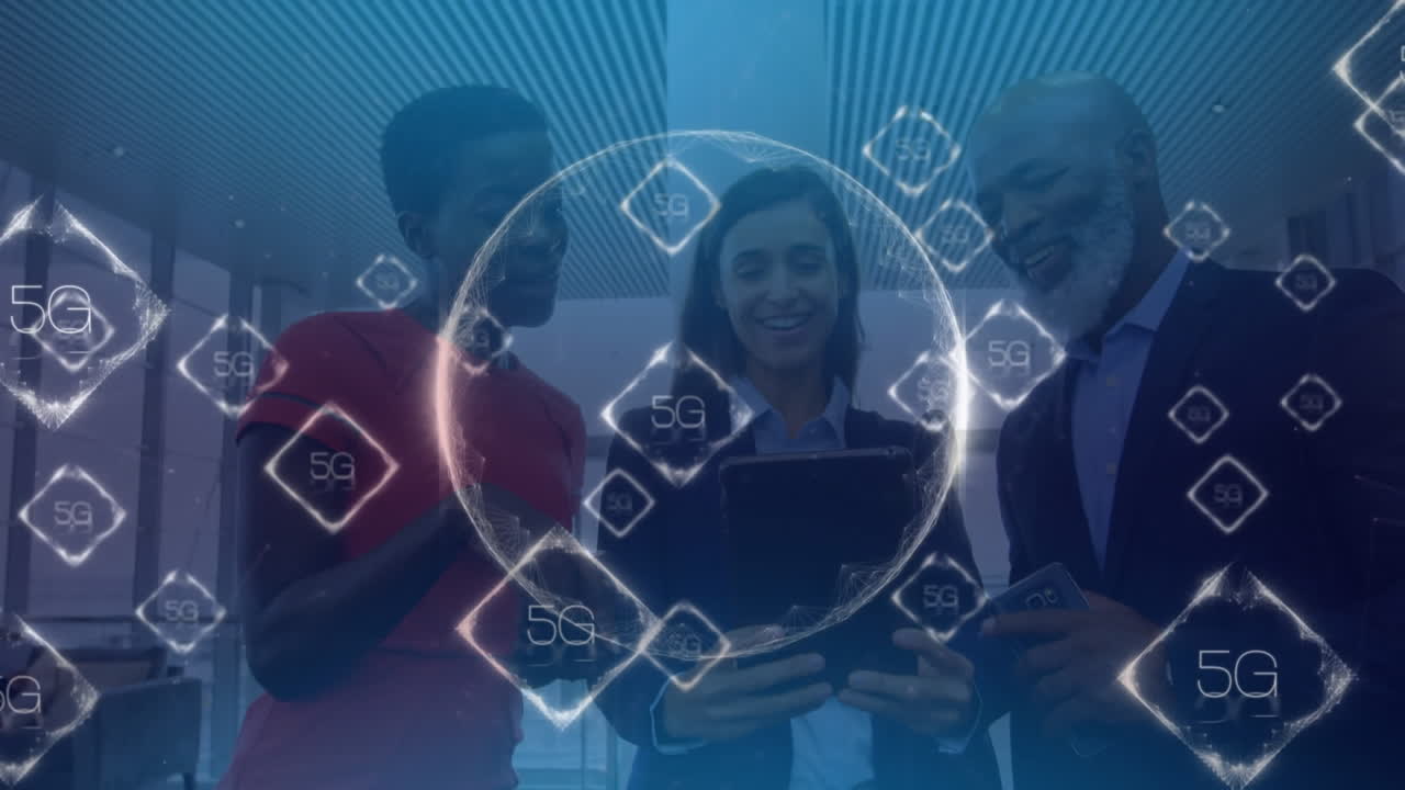 Animation of 5g text banners over globe against businesspeople discussing over digital tablet