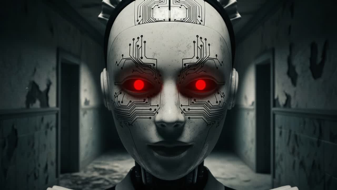 A Haunting Encounter with a Cybernetic Entity: Exploring the Intriguing Aesthetics of a Robotic Figure with Glowing Red Eyes in an Abandoned Corridor