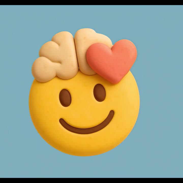 3D Animated Smiley Face with Brain and Heart Icons