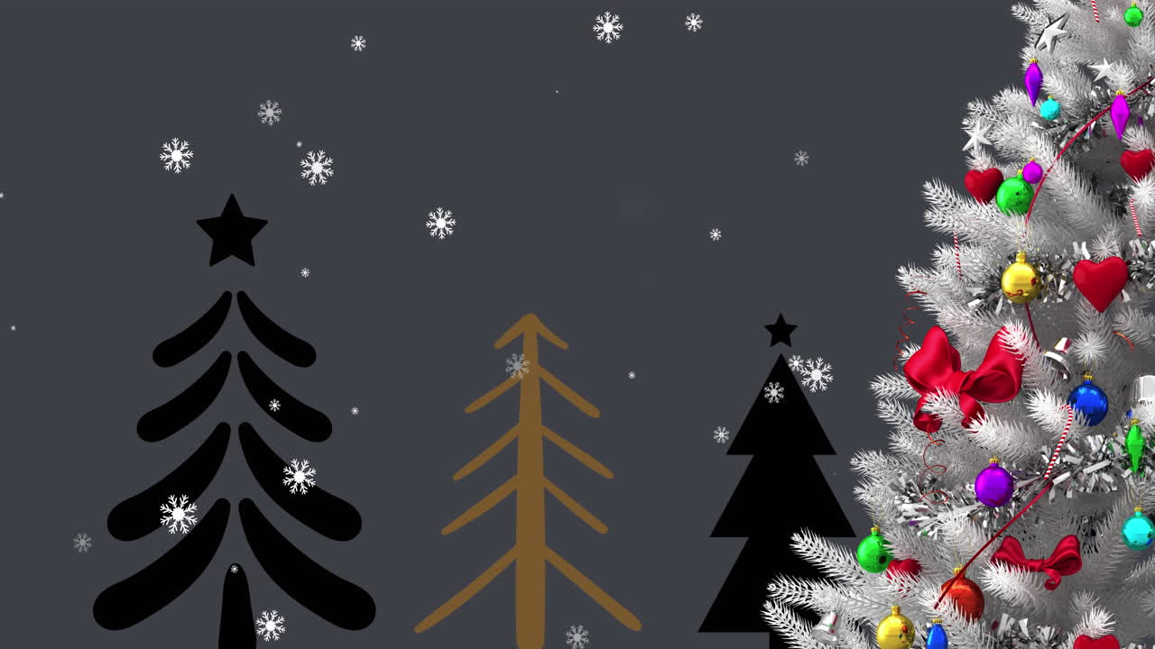 animación de nieve cayendo sobre árboles de navidad y decoraciones