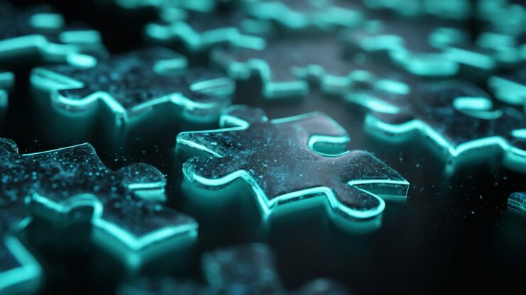 Futuristic cyan puzzle pieces with a mesmerizing glow connecting together, symbolizing strategy, teamwork, problem solving, and the search for a solution in a complex technological landscape