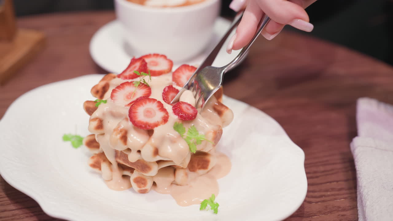Close view of silver fork slicing into stacked waffles topped with strawberry slices and creamy sauce on white plate, dessert sits on wooden table beside napkin in cozy cafe atmosphere
