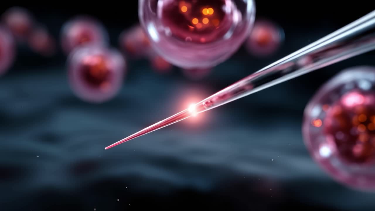 A close-up view showcasing a pipette injecting a luminous substance into vibrant, spherical cells in a dynamic, scientifically-inspired environment