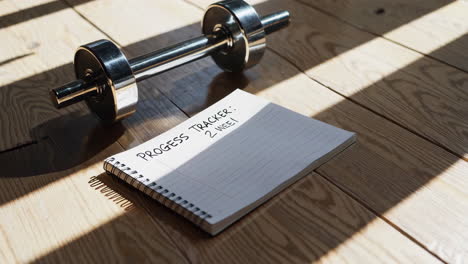 fitness tracker and dumbbell on wooden floor