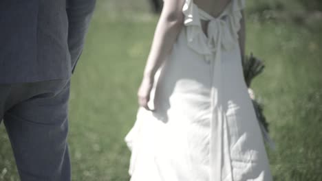 couple walking hand-in-hand on a green meadow