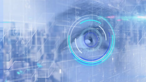 animation of scope scanning and data processing over woman's eye on blue background