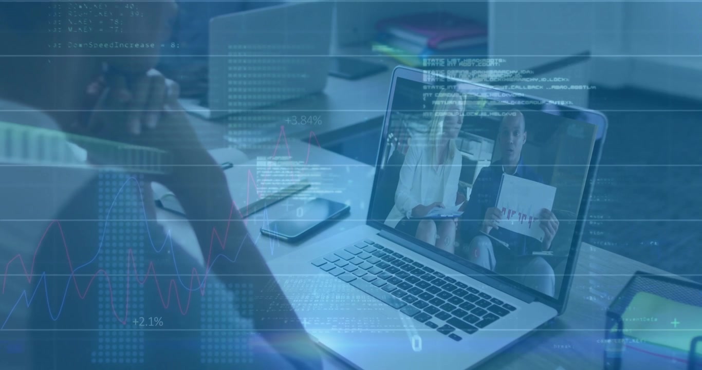 Person Watching Virtual Business Meeting on Laptop with Data Overlay