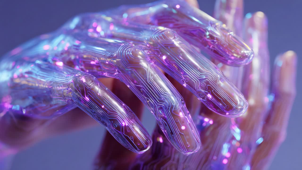 A Stunning Visual of Futuristic Technology: Glowing Cybernetic Hands Emphasizing the Intersection of Human and Machine with Intricate Circuit Patterns Illuminated by Colorful Lights