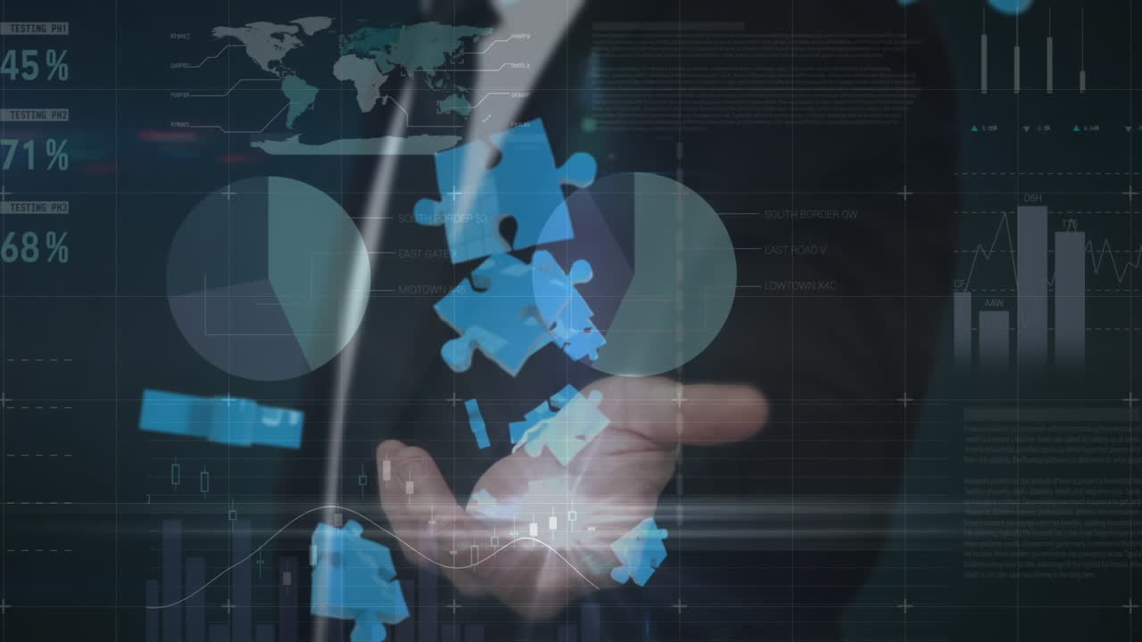 인터페이스와 데이터 처리를 사용하여 사업가에 대한 퍼즐 조각의 애니메이션